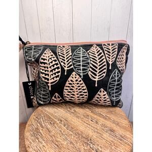 Pink Gray Velvet Pouch Leaves Large Makeup Bag 10.5 x 7 inches NEW FAST SHIP